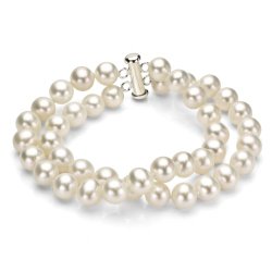 Sterling Silver 2 Rows White Freshwater Cultured Pearl Bracelet with Tube Clasp