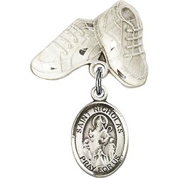 Sterling Silver Baby Badge with St. Nicholas Charm and Baby Boots Pin 1 X 5/8 inches