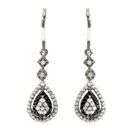 0.60 Carat (ctw) Sterling Silver Round Black & White Diamond Ladies Dangling Drop Earrings