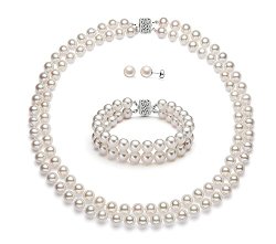 14k Gold Double Strand White Freshwater Cultured Pearl Set AAA Quality