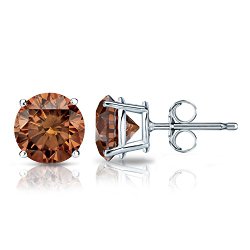 14k Gold Round Brown Diamond 4-Prong Basket Stud Earrings (1/4 – 2 ct, Brown, SI1-SI2) Push-Back