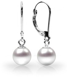 14K Gold Round White Akoya High Luster Cultured Pearl Leverback Earrings – AAA Quality