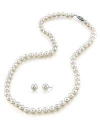 14K Gold White Akoya Cultured Pearl Necklace & Matching Earrings Set, 18″ Princess Length- AAA Quality