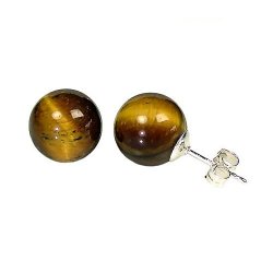 14K White Gold 10mm Natural Brown Tigers Eye Ball Stud Post Earrings