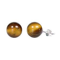 14K White Gold 12mm Natural Brown Tigers Eye Ball Stud Post Earrings