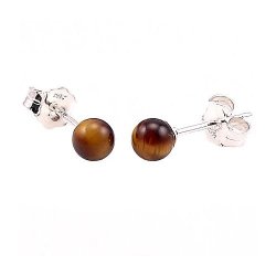14K White Gold 4mm Natural Brown Tigers Eye Ball Stud Post Earrings