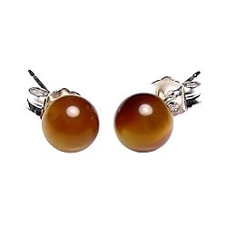 14K White Gold 6mm Natural Brown Tigers Eye Ball Stud Post Earrings