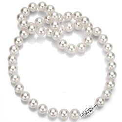 14k White Gold 7.5-8mm White Japanese Saltwater Akoya Cultured AAA High Luster Pearl Necklace, 16″