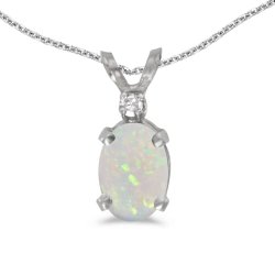 14k White Gold Oval Opal And Diamond Pendant with 18″ Chain
