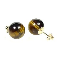 14K Yellow Gold 10mm Natural Brown Tigers Eye Ball Stud Post Earrings