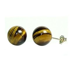 14K Yellow Gold 12mm Natural Brown Tigers Eye Ball Stud Post Earrings