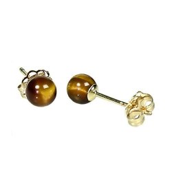14K Yellow Gold 4mm Natural Brown Tigers Eye Ball Stud Post Earrings