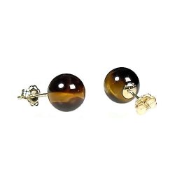 14K Yellow Gold 8mm Natural Brown Tigers Eye Ball Stud Post Earrings