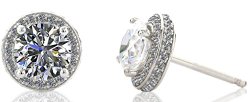 14karat & Sterling Silver, Halo Stud Earrings 1 or 1.5 Carat Center Swarovski Pure Brilliance CZ in Platinum, Yellow Gold or Rose Gold Plated Sterling Silver