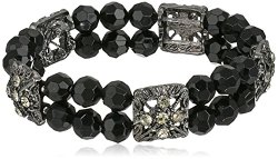 1928 Jewelry Double Beaded Black and Crystal Stretch Bracelet, 7″
