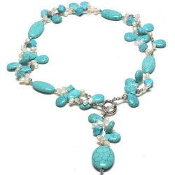 24″ Turquoise Color & White Cultured Freshwater Cultured Pearl Necklace with Toggle Hook