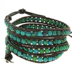 28″ Blue/Green Beads on Dark Brown Leather Wrap Bracelet with Snap Button Lock