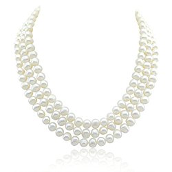 3-row White A Grade Freshwater Cultured Pearl Necklace (6.5-7.5mm), 16.5″, 17″/18″