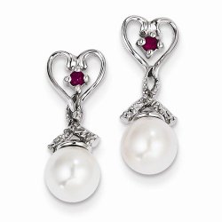 925 Sterling Silver Dia. FWC Simulated Pearl & Cr. Red Simulated Ruby Earrings (.01 cttw.) (20mm x 7mm)