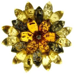 Baltic Amber And Sterling Silver 925 Designer Multi-Coloured Flower Leaf Brooch Pin