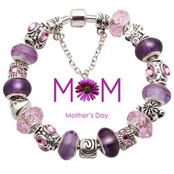 Best Gift for Mom Mother’s Day Birthday Anniversary Europend Style Purple and Pink Glass Bead Silver-tone Complete Charm Beaded Bracelet Jewelry