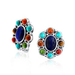 Bling Jewelry 925 Silver Multicolor Lapis Synthetic Turquoise Tiger Eye Clip On Earrings