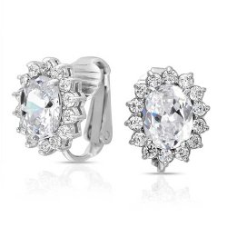 Bling Jewelry Bridal Stud Oval CZ Clip On Earrings Crown Setting Rhodium Plated
