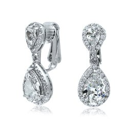 Bling Jewelry CZ Clear Double Teardrop Clip On Bridal Dangle Earrings Crown Set Rhodium Plated