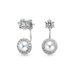 Bling Jewelry CZ Simulated Pearl Ear Jacket Drop Earrings Rhodium Plated Brass