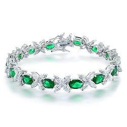 Bling Jewelry Simulated Emerald Flower CZ Marquise Oval Tennis Bracelet Rhodium Plated