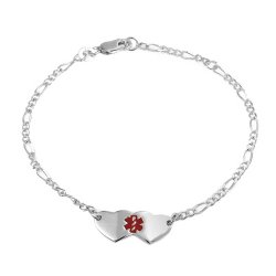 Bling Jewelry Two Hearts Red Enamel Cross Medical Alert ID Bracelet 925 Silver 7in Free Engraving