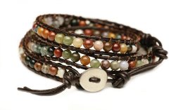 Blueyes Collection, “Hot” Mix Color India Agate Bead on Genuine Leather Bracelet, 3 Wraps, 4mm/bead