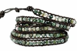 Blueyes Collection, “Peaceful” Green Faceted Cut Natural Gems Bead Leather Bracelet, 5 Wraps, 4mm/bead