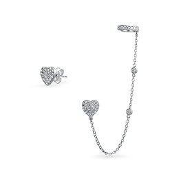 Christmas Gifts 925 Silver CZ Linked Earrings Heart Ear Cuff Set Rhodium Plated