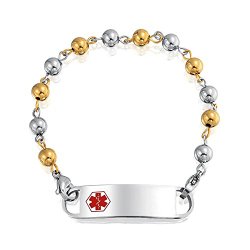 Christmas Gifts Stainless Steel Two Tone 6mm Bead Ball Medical Alert ID Bracelet 7.5in Free Engraving