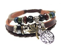 Dragonfly and Tree of Life Three Strand Beaded Leather Zen Bracelet in Gift Box