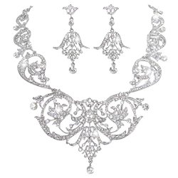EVER FAITH Bridal Silver-Tone Art Deco Flower Leaf Necklace Earrings Set Clear Austrian Crystal
