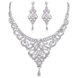 EVER FAITH Bridal Silver-Tone Vase Flower Clear Austrian Crystal Necklace Earrings Set