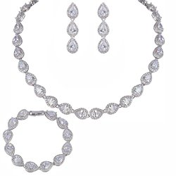 EVER FAITH Silver-Tone CZ Birthstone Elegant Tear Drop Bridal Necklace Earrings Bracelet Set