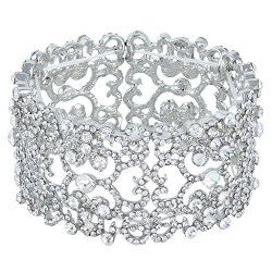 EVER FAITH Silver-Tone Full Austrian Crystal Bride Heart Art Deco Elastic Stretch Bracelet Clear