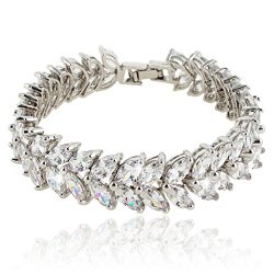 EVER FAITH Silver-Tone Full Cubic Zirconia Prong Shining Leaves Wedding Bracelet Clear