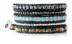 Exotic Marrakech Colorful Faceted Bead Mix on Black Leather 5x Wrap Bracelet