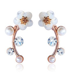 Gold Shell Pearl Flower Ear Vine Wrap Pin Sweep up Ear Cuffs Climber Earrings