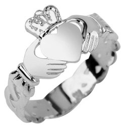 Ladies 14k White Gold Claddagh Ring with Trinity Band
