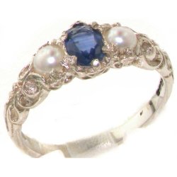 Ladies Solid 10K White Gold Natural Sapphire & Cultured Pearl Victorian Trilogy Band Ring – Finger Sizes 4 to 12 Available