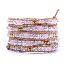 Lin Suu Jewelry Leather Long Wrap Bracelet Graduated Pink Pearlescent Crystal and Goldtone Beads