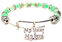 My Sister My Hero Lime Green Glass Beaded Bangle Adjustable Bracelet