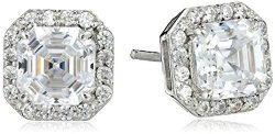 Myia Passiello Timeless Platinum-Plated Sterling Silver and Swarovski Zirconia Asscher-Cut Halo Earrings