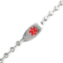 MyIDDr Custom Engraved Womens Medical Bracelet, Steel Heart Chain, Medium