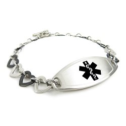 MyIDDr Custom Medical Alert Bracelet with Free Engraving- Steel Black Hearts